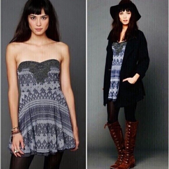 Free People Strapless Mini Dress Women Medium Blue Black Embellished Fairy Goth - Picture 1 of 16